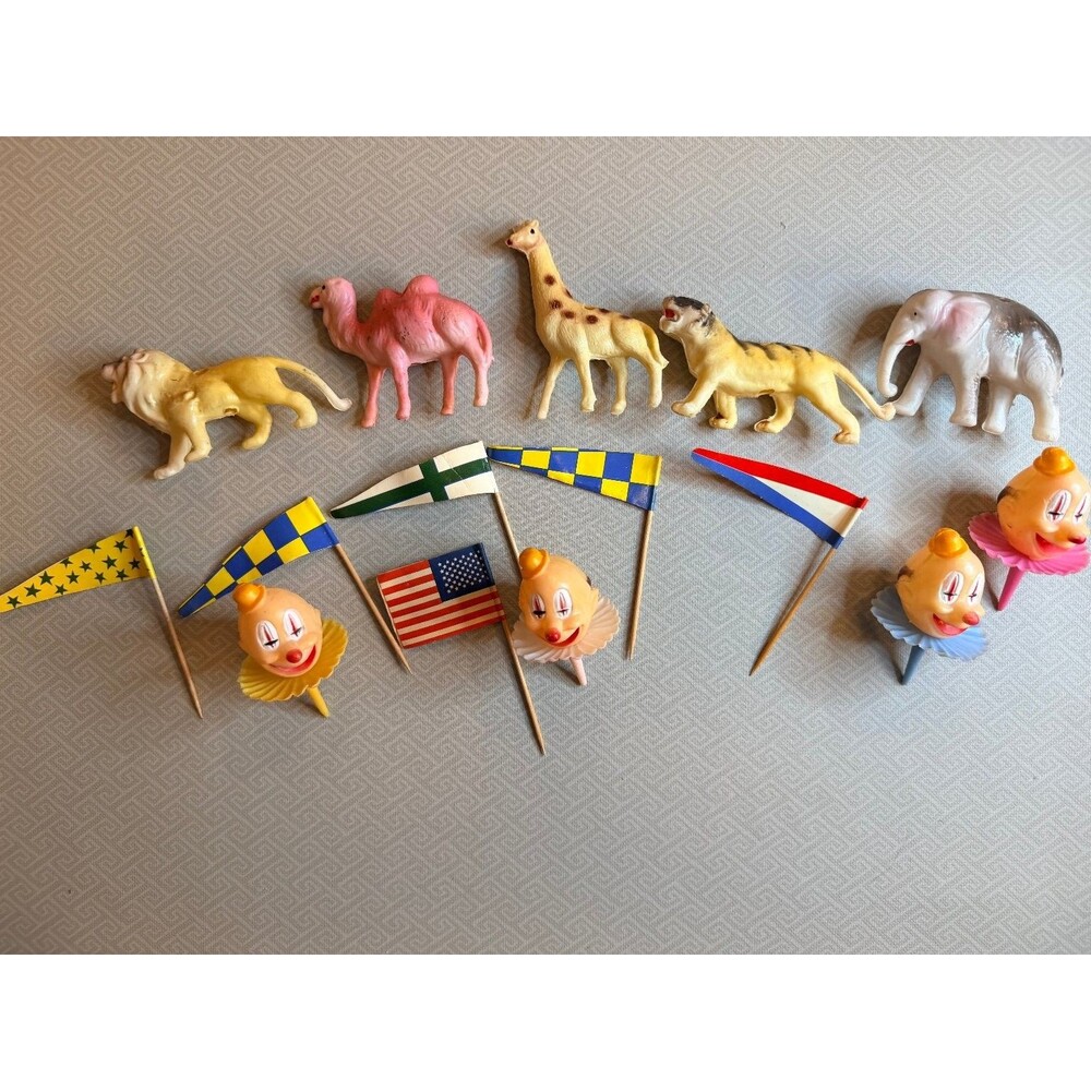 Vintage Circus Animal & Clown Cake Toppers Flags Set Plastic Retro Birthday MCM